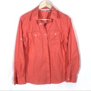 Large L.L. Bean Pink White Polka Dot Button Up